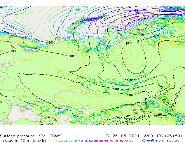 Isotachs (kph) ECMWF Tu 28.05.2024 18 UTC