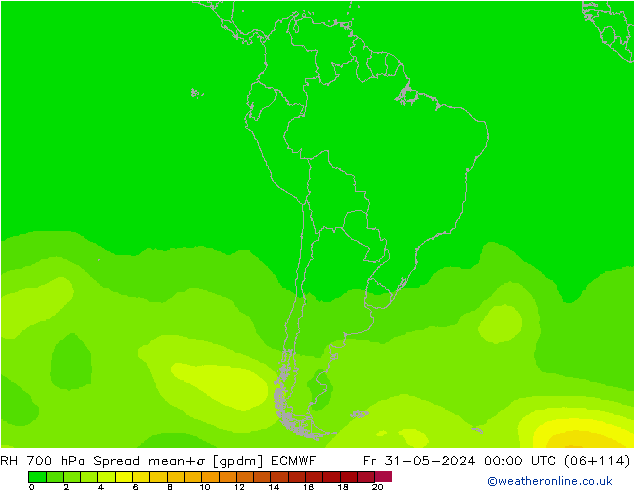 700 hPa Nispi Nem Spread ECMWF Cu 31.05.2024 00 UTC