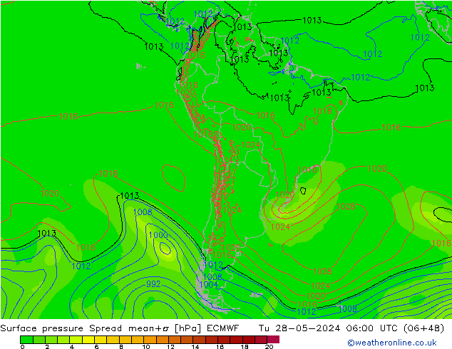 Pressione al suolo Spread ECMWF mar 28.05.2024 06 UTC