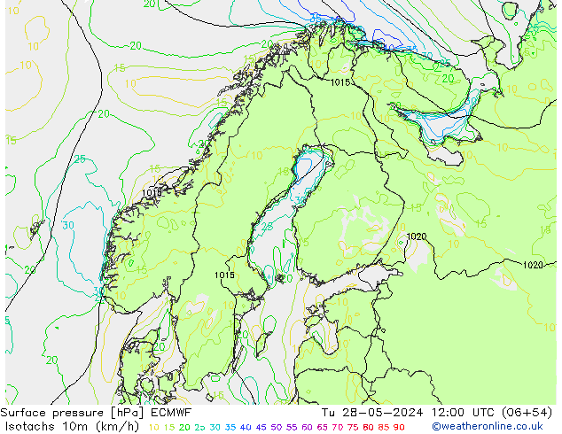 Isotachs (kph) ECMWF mar 28.05.2024 12 UTC