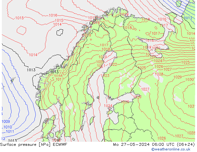 Presión superficial ECMWF lun 27.05.2024 06 UTC