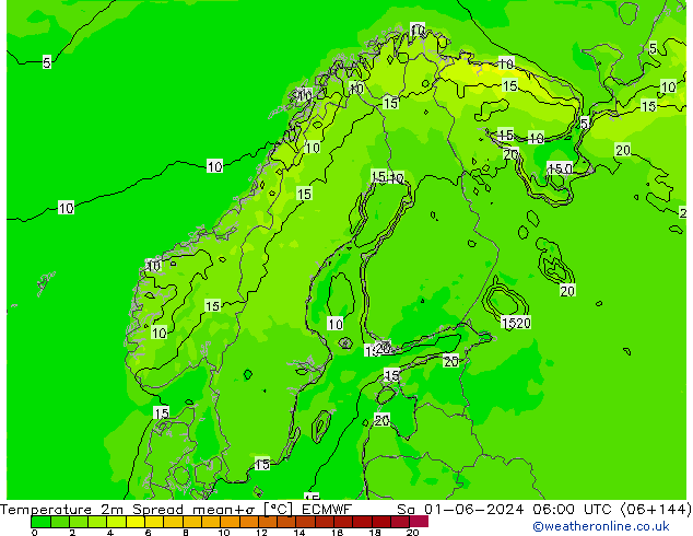 Temperatura 2m Spread ECMWF sab 01.06.2024 06 UTC