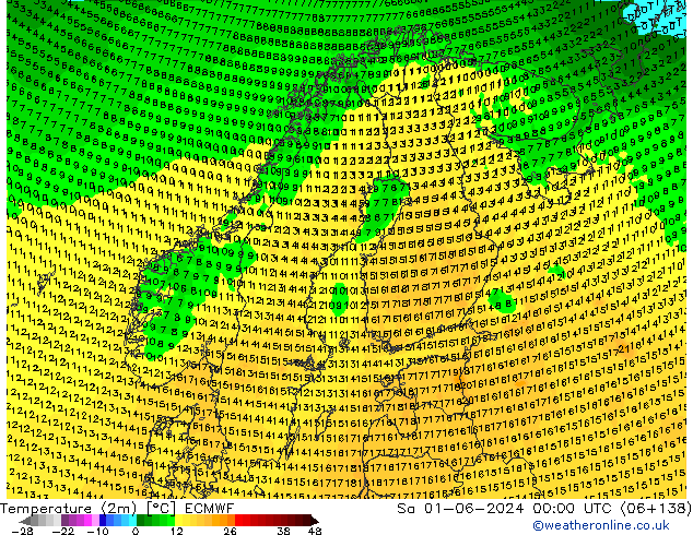 mapa temperatury (2m) ECMWF so. 01.06.2024 00 UTC