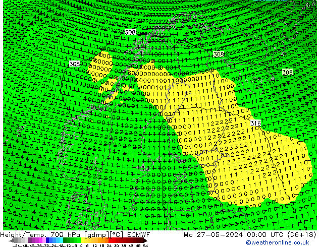 Height/Temp. 700 hPa ECMWF Mo 27.05.2024 00 UTC