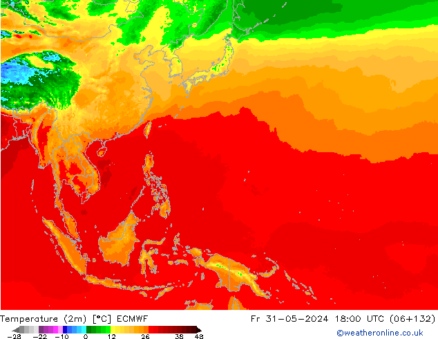 mapa temperatury (2m) ECMWF pt. 31.05.2024 18 UTC