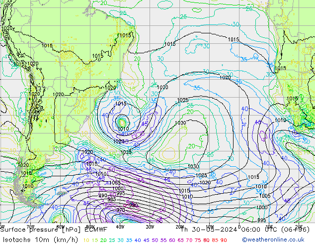 Isotachs (kph) ECMWF Qui 30.05.2024 06 UTC