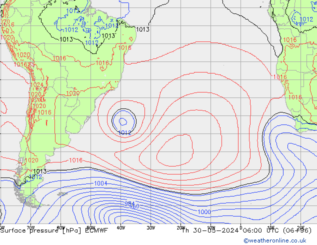 pressão do solo ECMWF Qui 30.05.2024 06 UTC