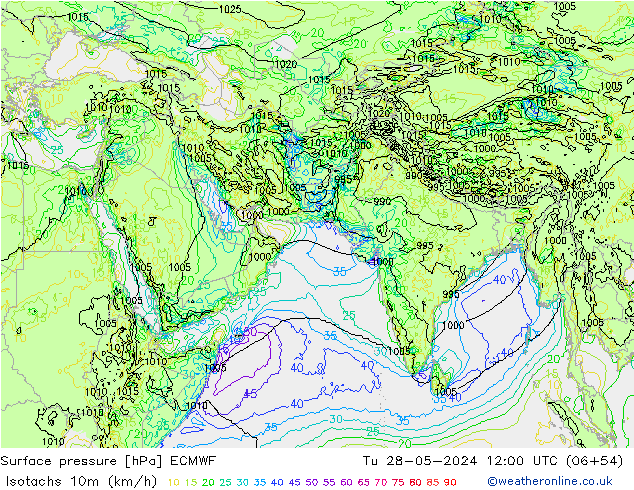 Isotachs (kph) ECMWF Tu 28.05.2024 12 UTC