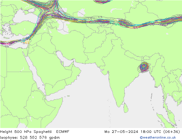 Height 500 hPa Spaghetti ECMWF pon. 27.05.2024 18 UTC