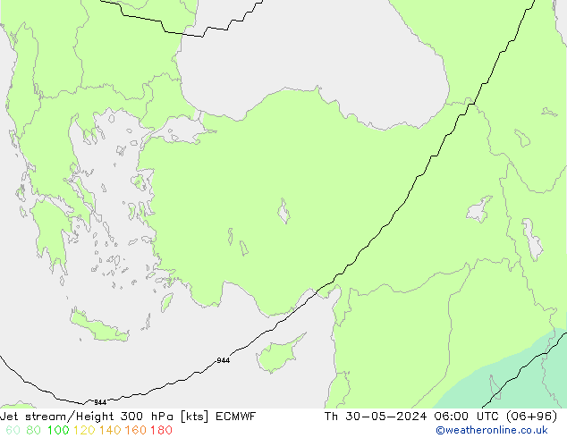 Jet stream/Height 300 hPa ECMWF Čt 30.05.2024 06 UTC