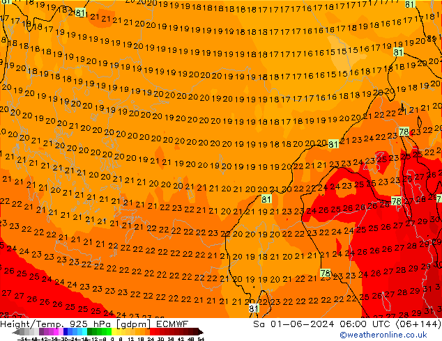 Height/Temp. 925 hPa ECMWF Sa 01.06.2024 06 UTC