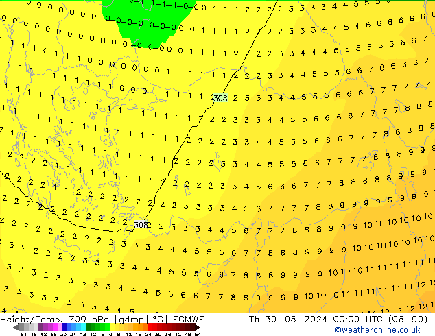 Height/Temp. 700 hPa ECMWF Čt 30.05.2024 00 UTC