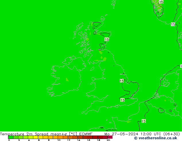 mapa temperatury 2m Spread ECMWF pon. 27.05.2024 12 UTC