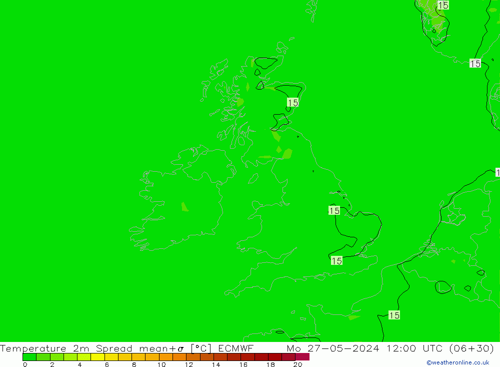 mapa temperatury 2m Spread ECMWF pon. 27.05.2024 12 UTC