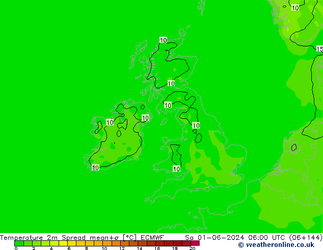 température 2m Spread ECMWF sam 01.06.2024 06 UTC