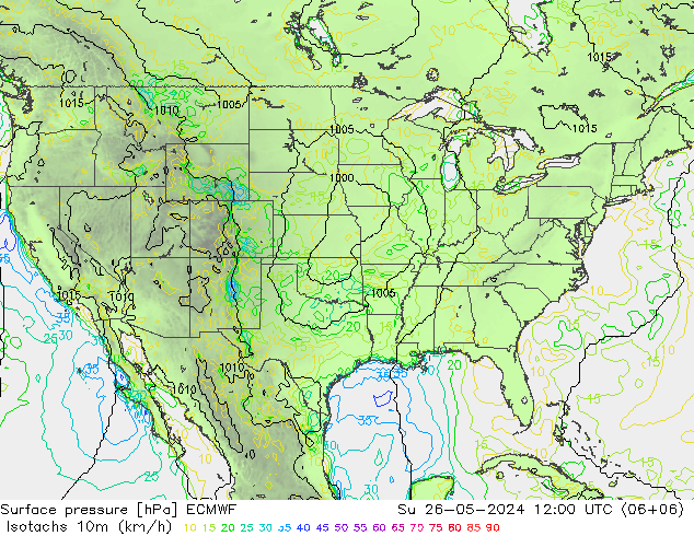 Isotachs (kph) ECMWF Su 26.05.2024 12 UTC