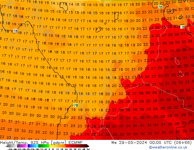 Height/Temp. 925 hPa ECMWF Mi 29.05.2024 00 UTC