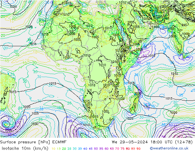 Isotachs (kph) ECMWF We 29.05.2024 18 UTC