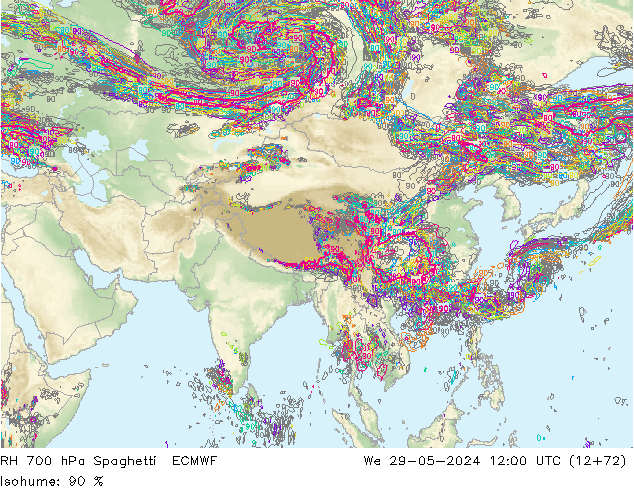 RH 700 hPa Spaghetti ECMWF śro. 29.05.2024 12 UTC