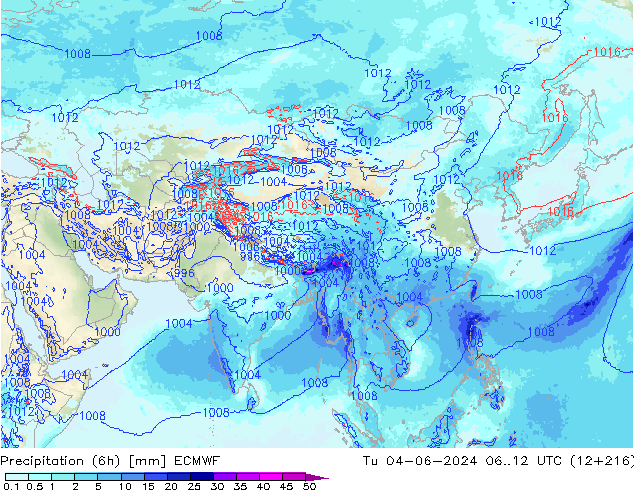 Precipitation (6h) ECMWF Tu 04.06.2024 12 UTC