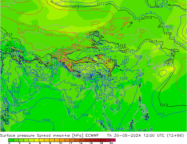 Surface pressure Spread ECMWF Th 30.05.2024 12 UTC