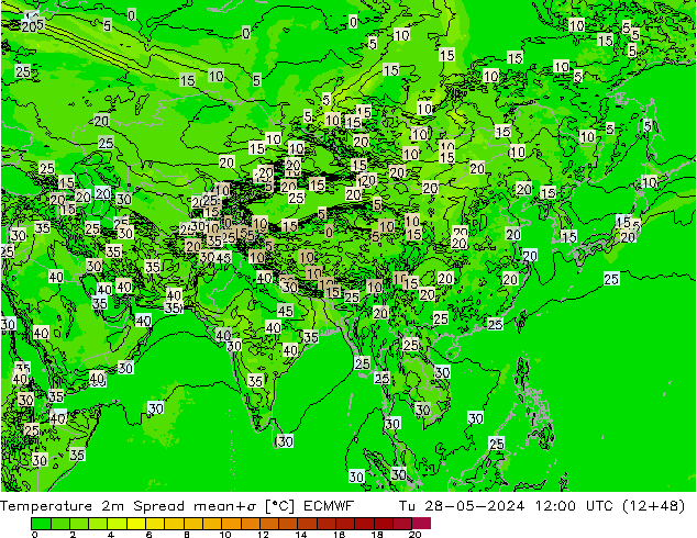 Temperatura 2m Spread ECMWF mar 28.05.2024 12 UTC