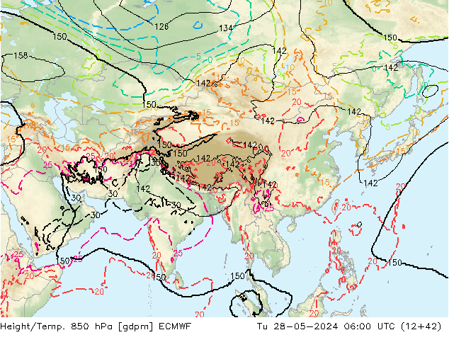 Geop./Temp. 850 hPa ECMWF mar 28.05.2024 06 UTC