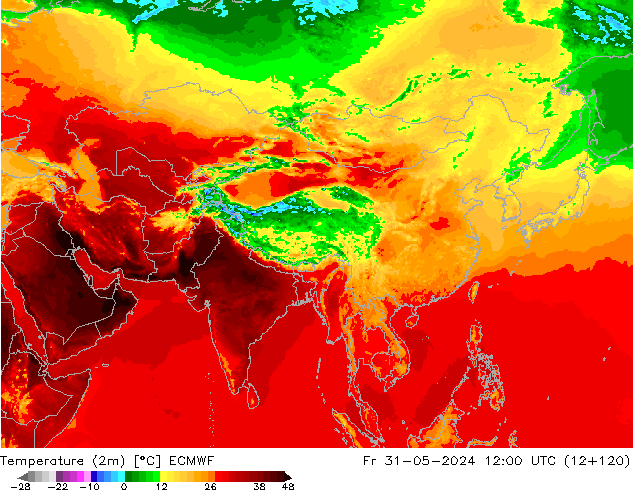 Temperatuurkaart (2m) ECMWF vr 31.05.2024 12 UTC