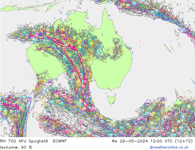 RH 700 hPa Spaghetti ECMWF  29.05.2024 12 UTC