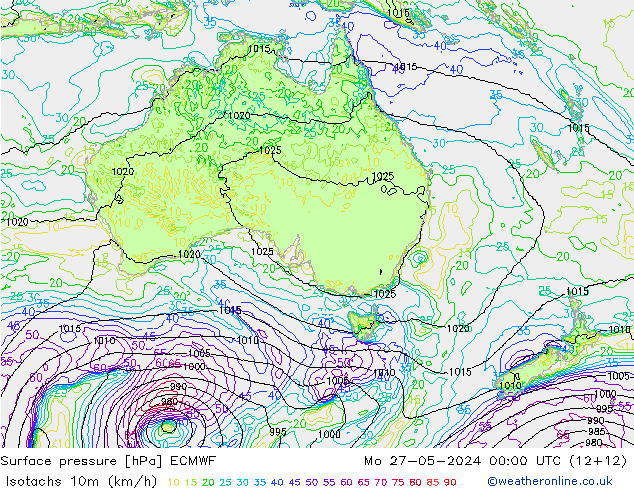 Isotachs (kph) ECMWF пн 27.05.2024 00 UTC