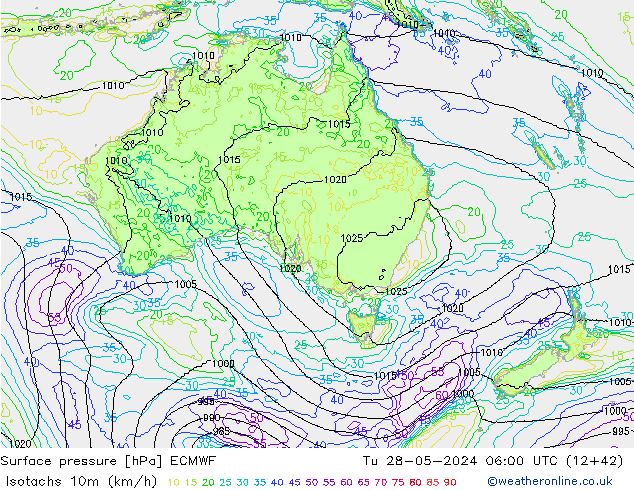 Isotachen (km/h) ECMWF di 28.05.2024 06 UTC