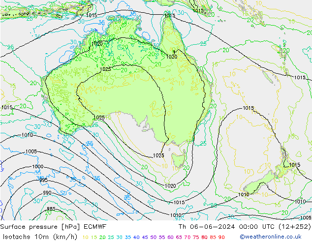 Isotaca (kph) ECMWF jue 06.06.2024 00 UTC