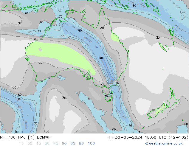 RH 700 hPa ECMWF Th 30.05.2024 18 UTC