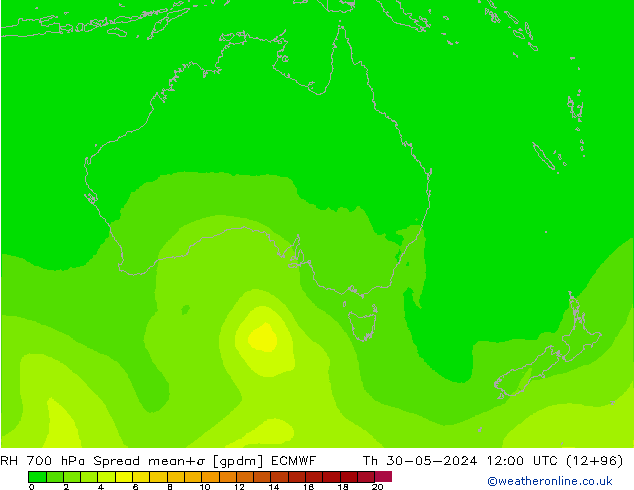 RH 700 hPa Spread ECMWF czw. 30.05.2024 12 UTC