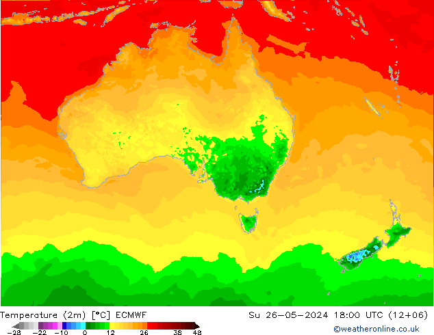 Temperatuurkaart (2m) ECMWF zo 26.05.2024 18 UTC