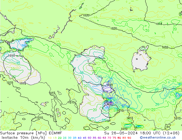 Eşrüzgar Hızları (km/sa) ECMWF Paz 26.05.2024 18 UTC