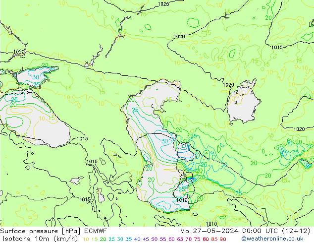 Eşrüzgar Hızları (km/sa) ECMWF Pzt 27.05.2024 00 UTC