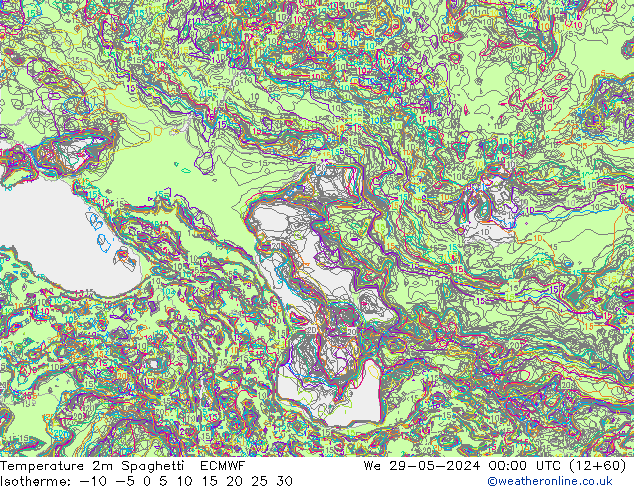 Temperatura 2m Spaghetti ECMWF mié 29.05.2024 00 UTC