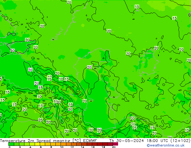 Sıcaklık Haritası 2m Spread ECMWF Per 30.05.2024 18 UTC