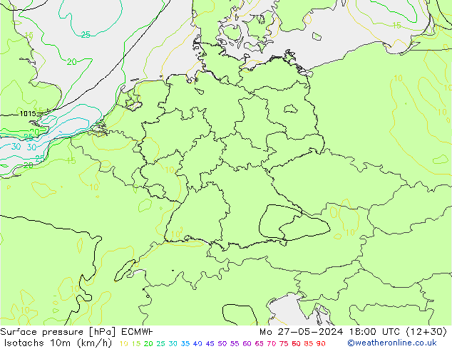 Isotachen (km/h) ECMWF Mo 27.05.2024 18 UTC