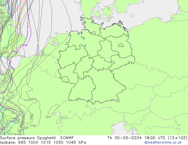 Presión superficial Spaghetti ECMWF jue 30.05.2024 18 UTC