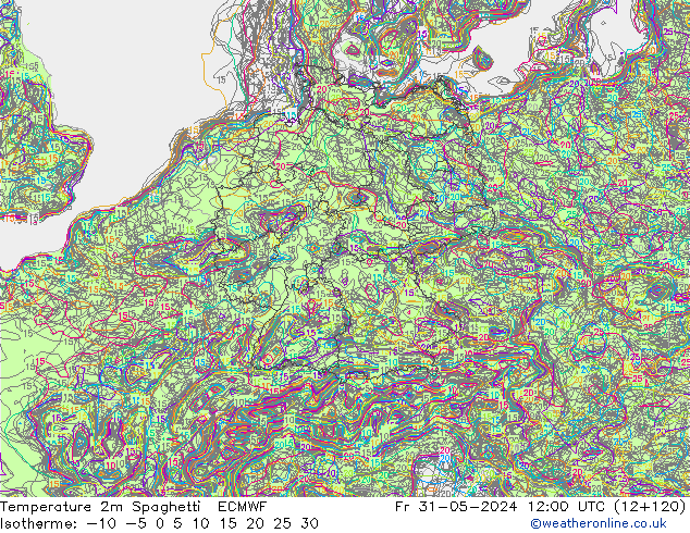 Temperatura 2m Spaghetti ECMWF vie 31.05.2024 12 UTC