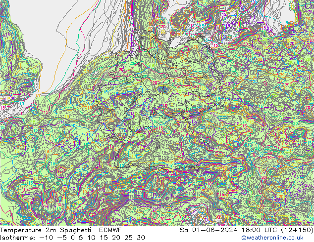 Temperature 2m Spaghetti ECMWF Sa 01.06.2024 18 UTC