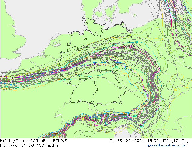 Height/Temp. 925 hPa ECMWF Di 28.05.2024 18 UTC