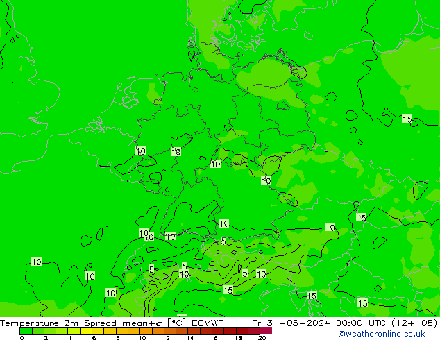 карта температуры Spread ECMWF пт 31.05.2024 00 UTC