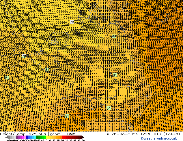 Hoogte/Temp. 925 hPa ECMWF di 28.05.2024 12 UTC