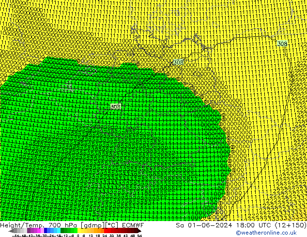 Hoogte/Temp. 700 hPa ECMWF za 01.06.2024 18 UTC