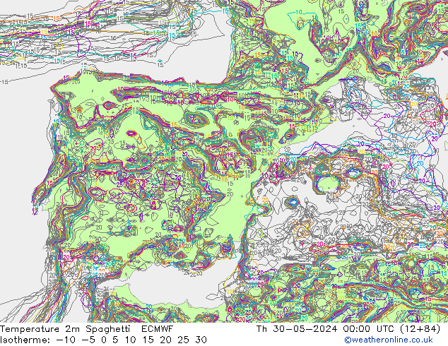 Temperatura 2m Spaghetti ECMWF gio 30.05.2024 00 UTC