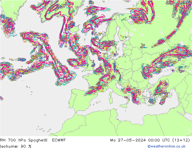 RH 700 hPa Spaghetti ECMWF Po 27.05.2024 00 UTC