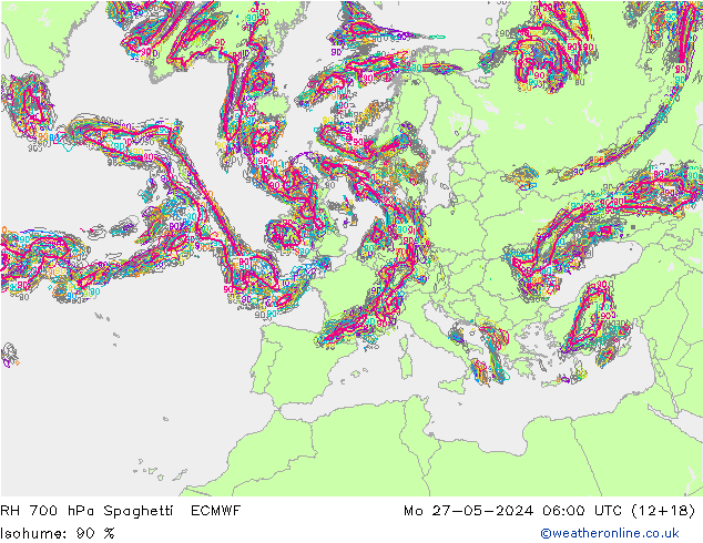 RH 700 hPa Spaghetti ECMWF pon. 27.05.2024 06 UTC